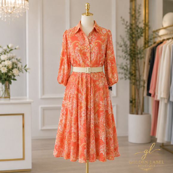 Tahari ASL Dresses & Skirts - Tahari ASL Paisley Belted Fit & Flare Midi Dress Size 12 Coral Orange NWT